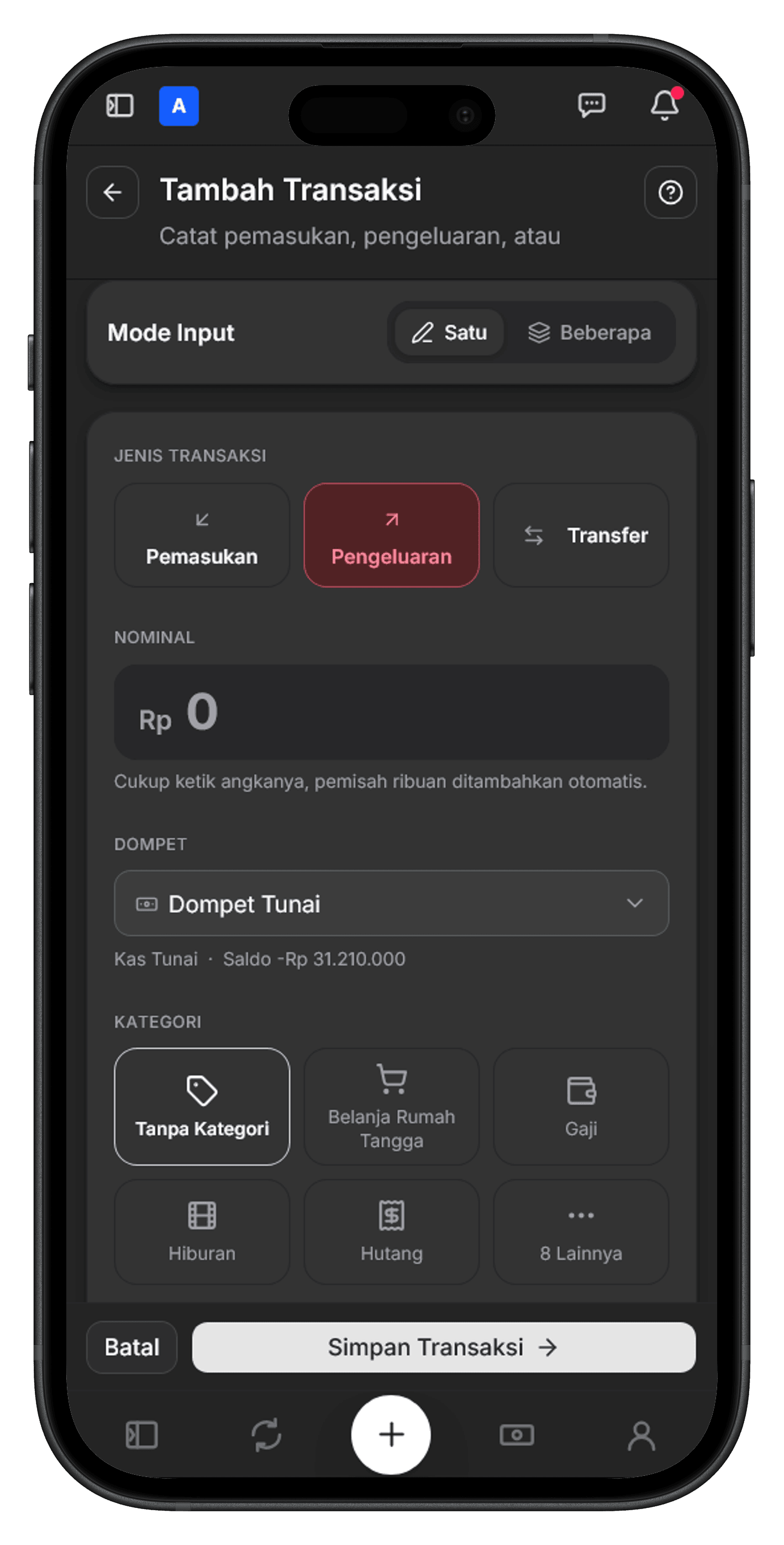 Form tambah transaksi di layar HP: pilihan jenis transaksi, nominal, dompet, kategori, dan tombol Simpan Transaksi di dasar layar