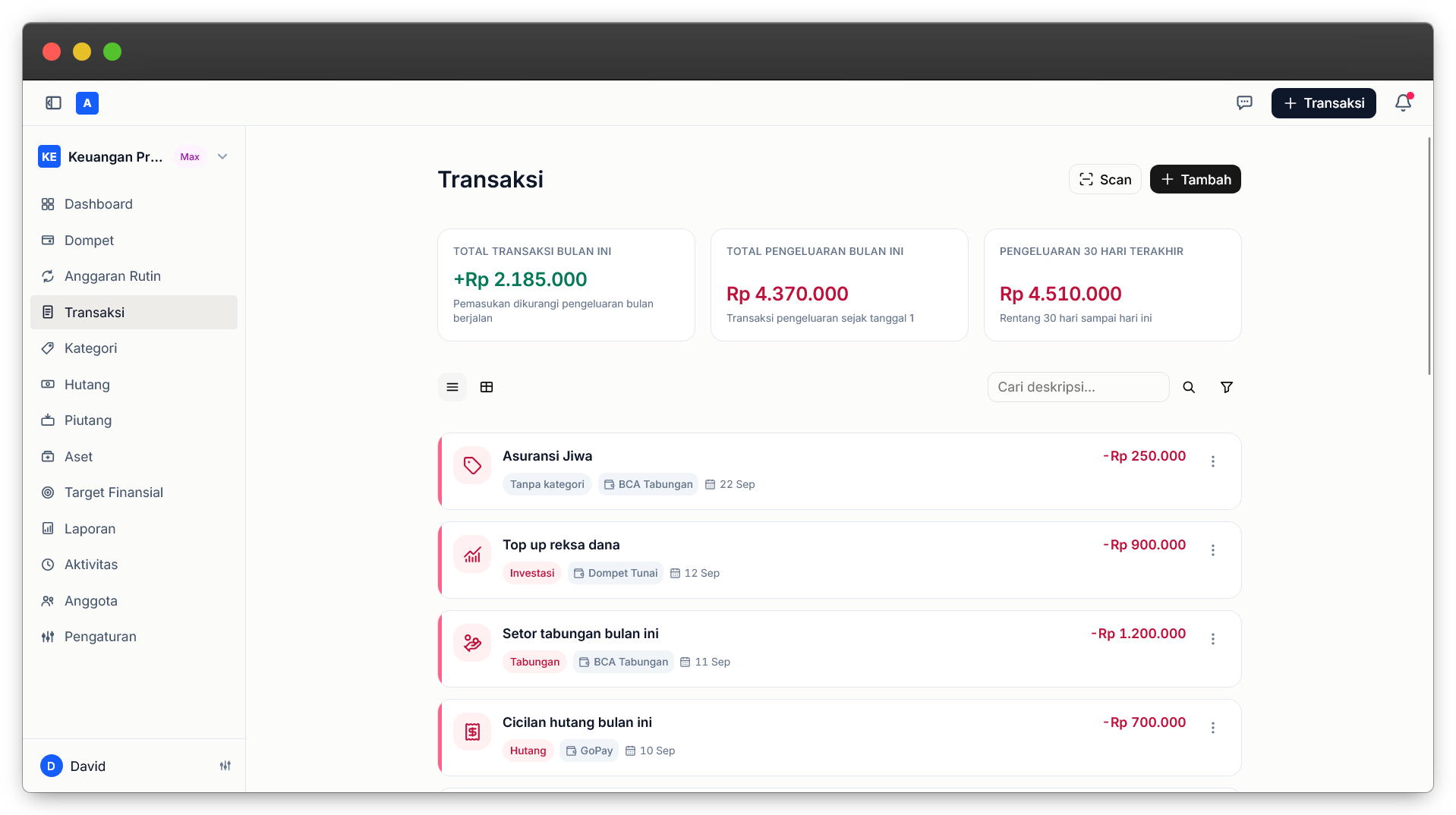 Halaman transaksi: total transaksi bulan ini, pengeluaran bulan ini dan 30 hari terakhir, lalu daftar transaksi lengkap dengan kategori, dompet, dan tanggal