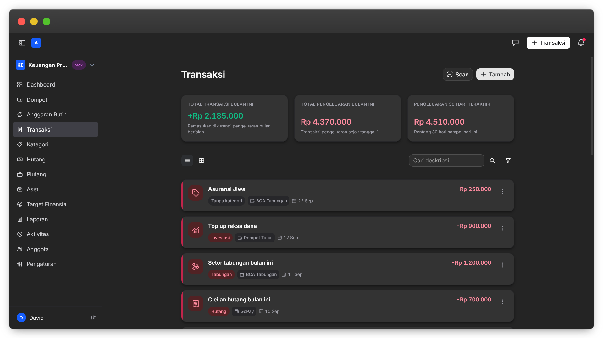 Halaman transaksi: total transaksi bulan ini, pengeluaran bulan ini dan 30 hari terakhir, lalu daftar transaksi lengkap dengan kategori, dompet, dan tanggal