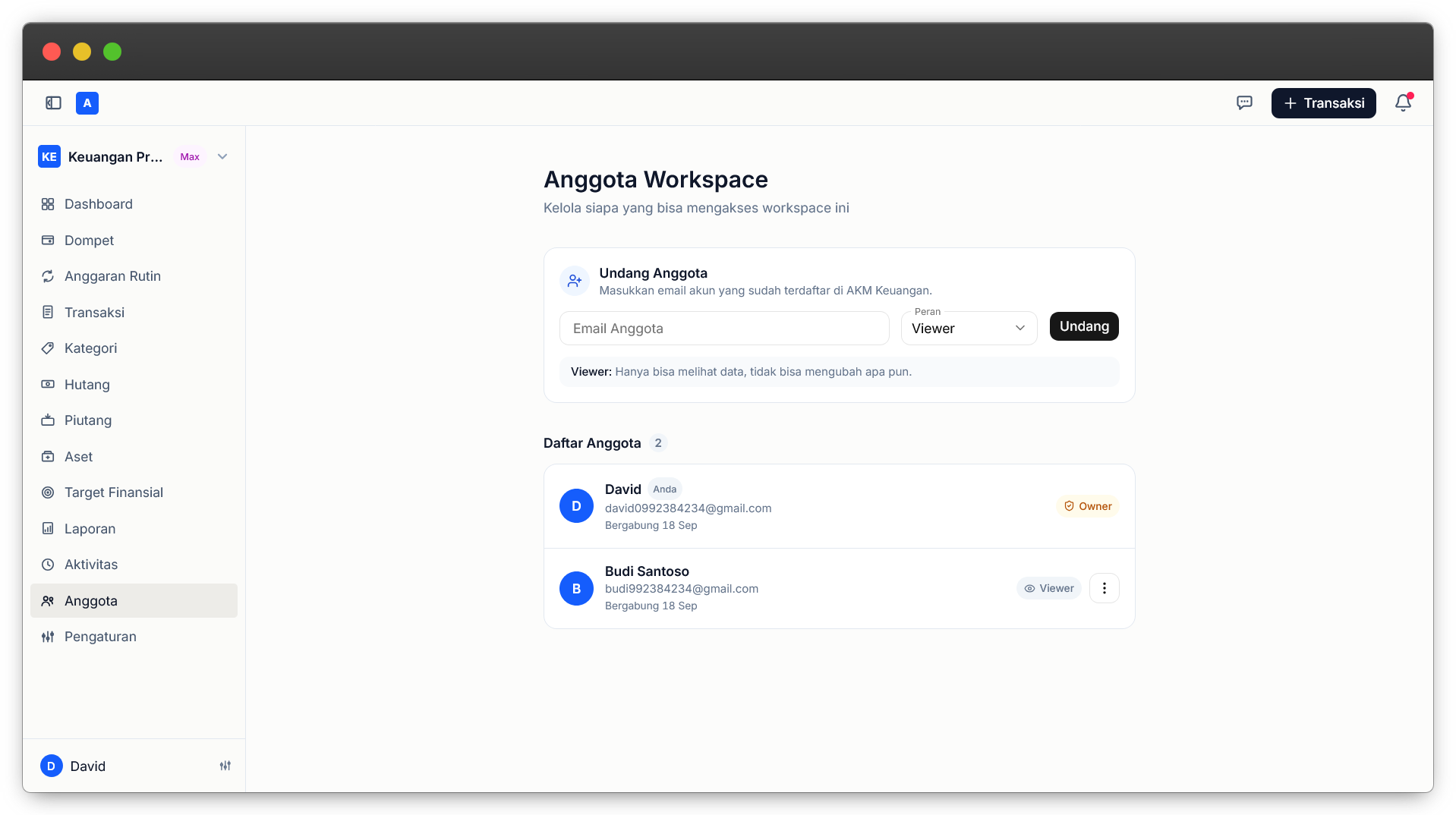Halaman anggota workspace: form undangan lewat email berikut pilihan peran, dan daftar anggota dengan peran owner serta viewer