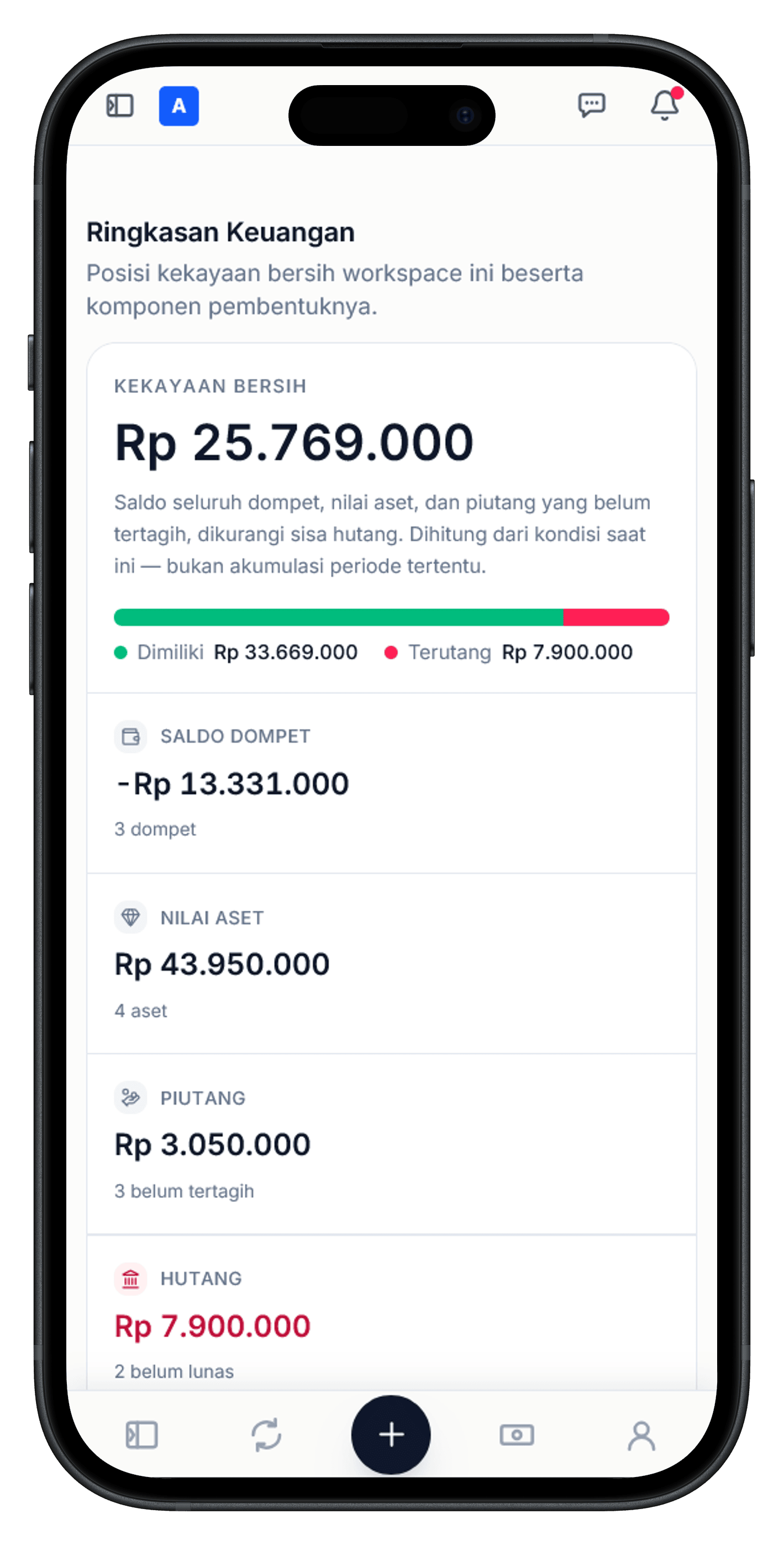 Aplikasi web yang sama dibuka dari browser HP: ringkasan kekayaan bersih tersusun satu kolom dengan navigasi di bar bawah